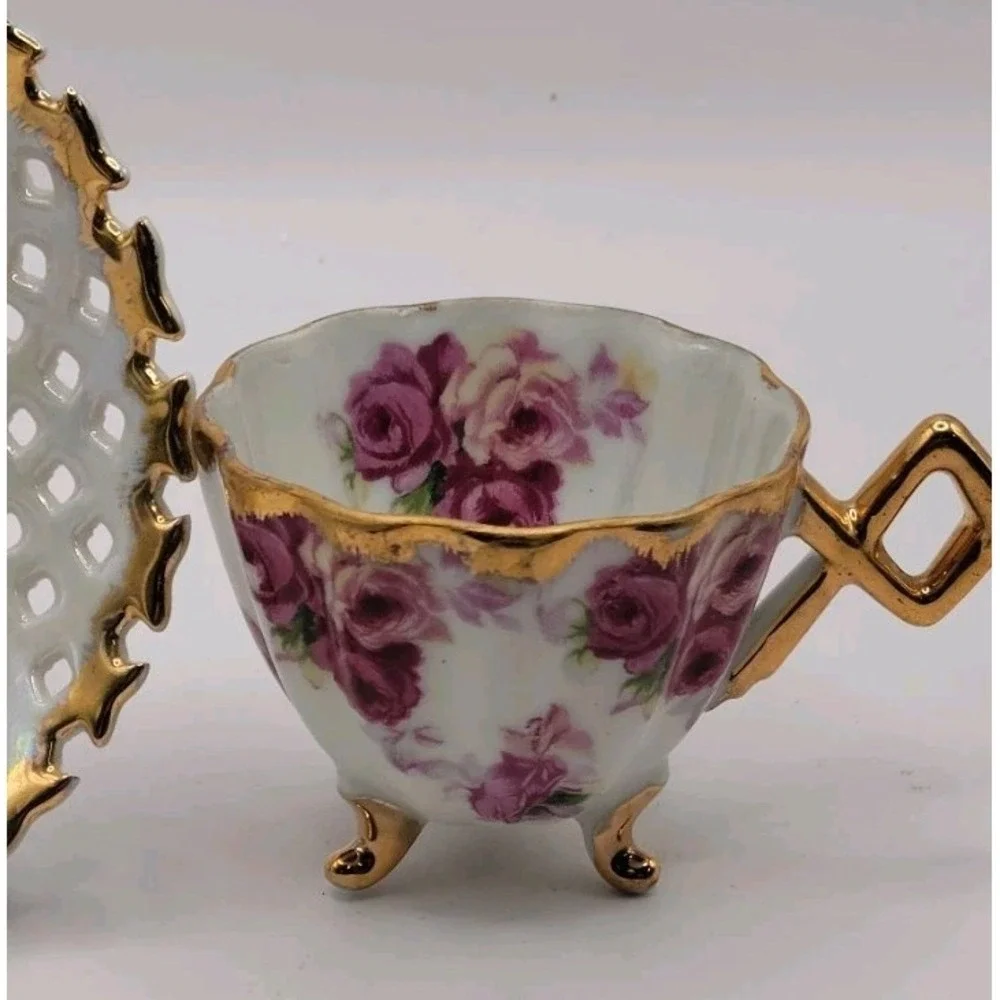 Vintage Napco China 1DD183 Footed Teacup Saucer Set Pierced Lattice Edge Rose...